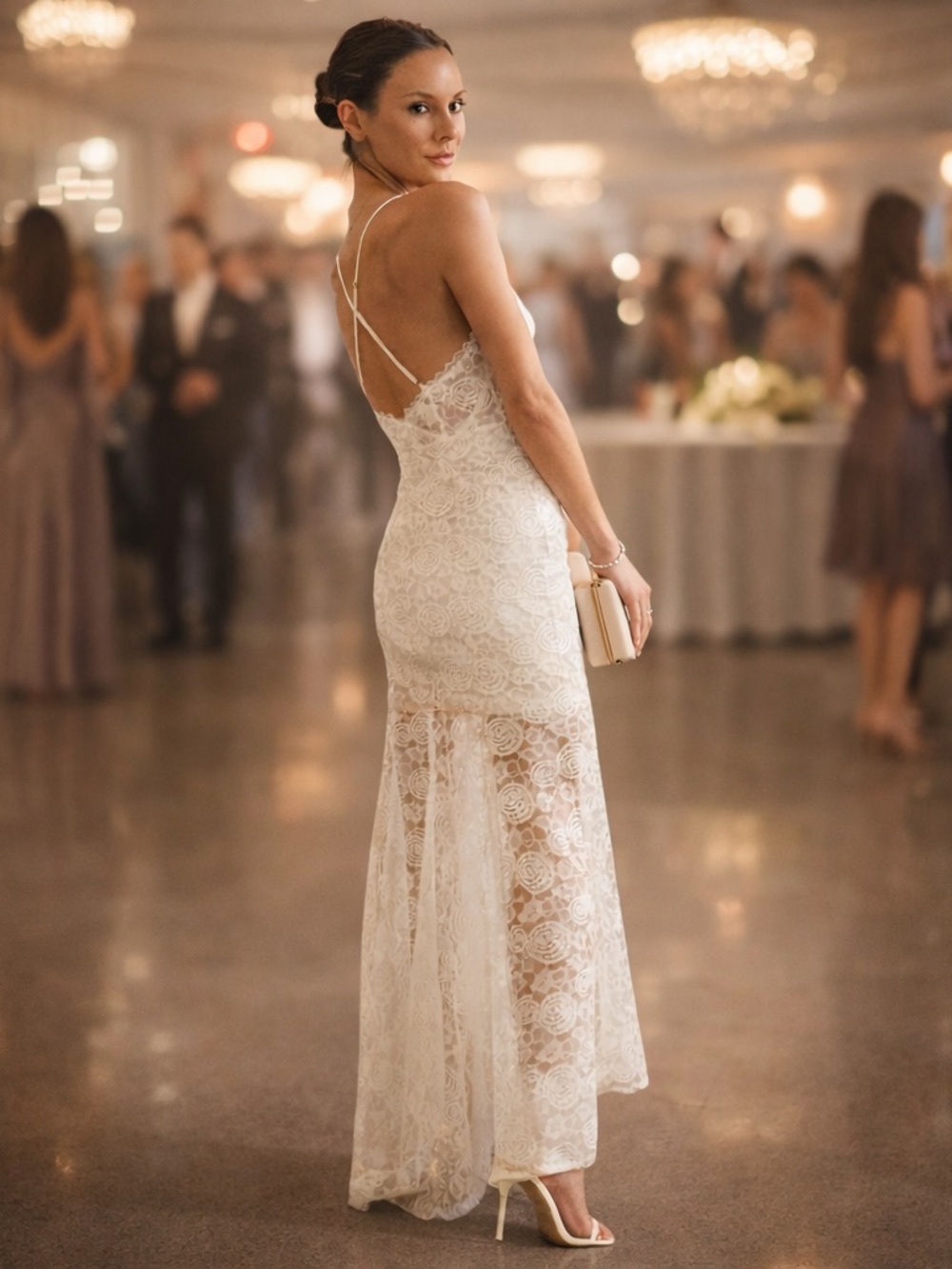 Selfie Leslie Lace Mermaid Dress XS Ivory Bridal Prom Formal Sheer Hem Train